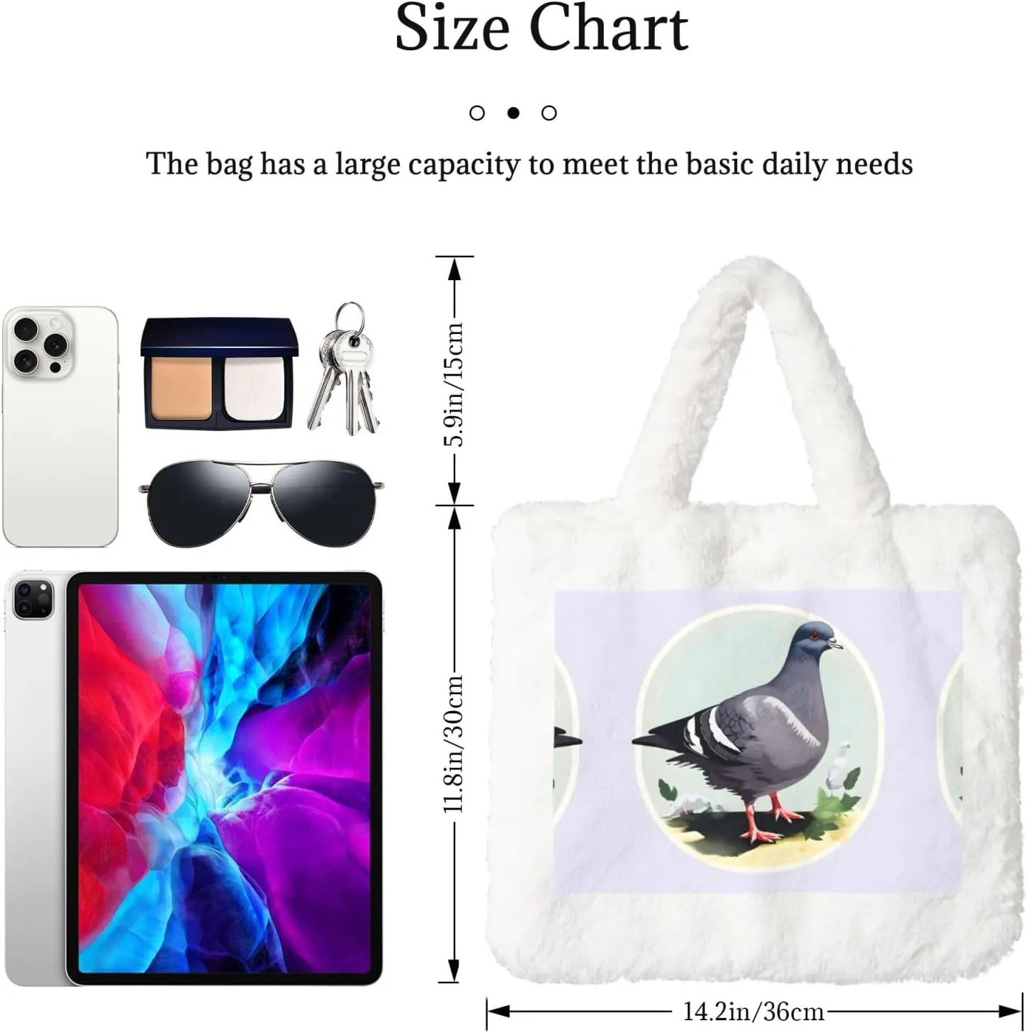 Grey Pigeon Print Printing Fluffy Shoulder Bag Ladies Plush Underarm Bag Tote Bag Furry Purse Handbag For Work Travel