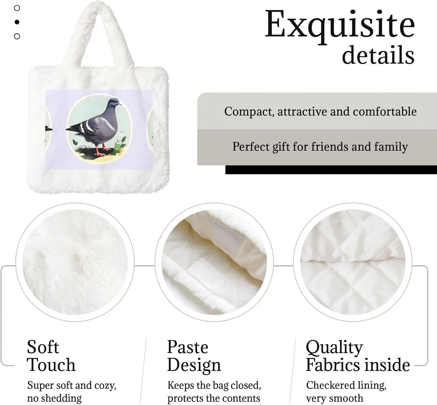 Grey Pigeon Print Printing Fluffy Shoulder Bag Ladies Plush Underarm Bag Tote Bag Furry Purse Handbag For Work Travel