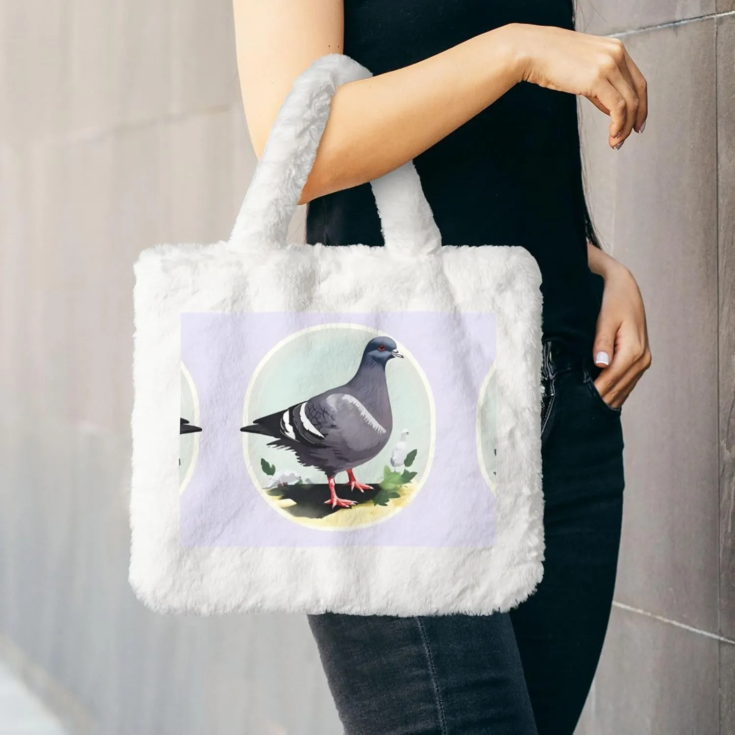 Grey Pigeon Print Printing Fluffy Shoulder Bag Ladies Plush Underarm Bag Tote Bag Furry Purse Handbag For Work Travel