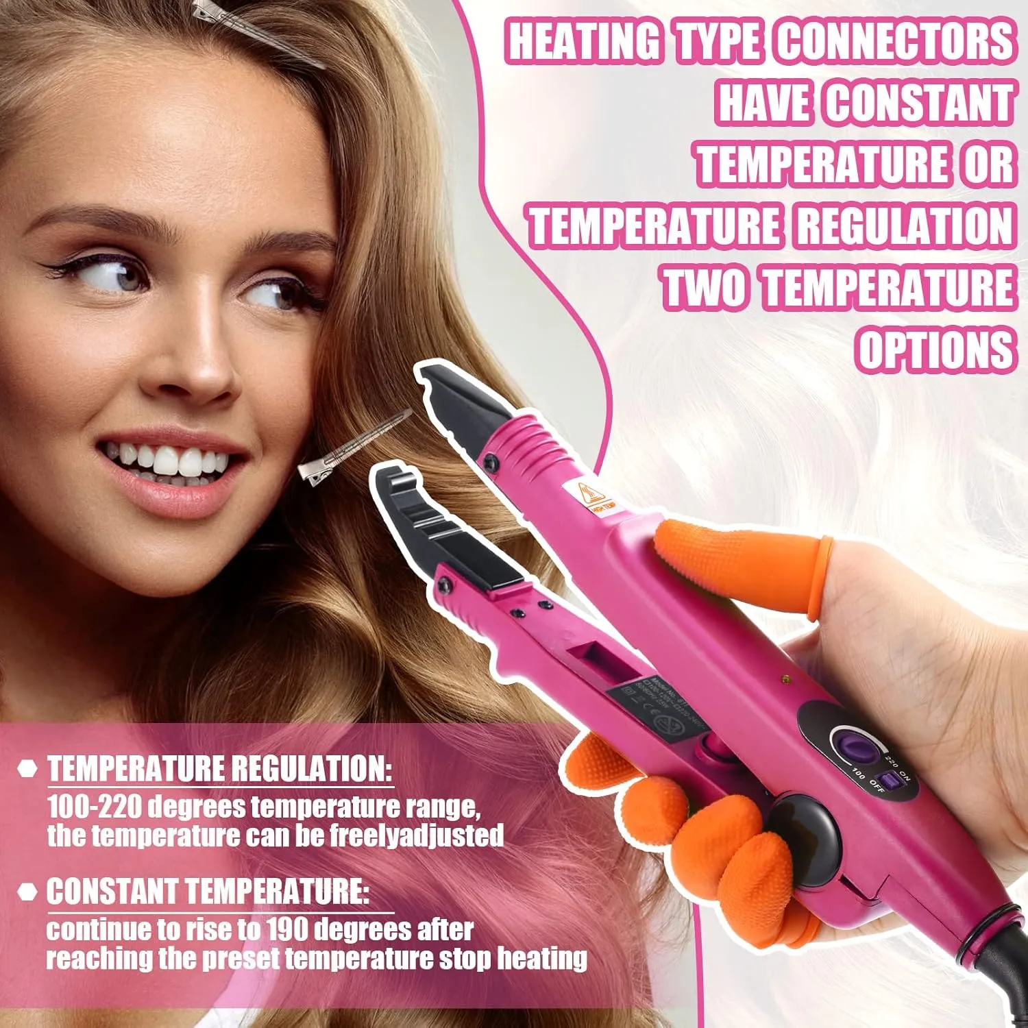 Hair Extensions Iron Fusion Keratin Heat Tool Heat Connector Wand with Fusion Glue Protector Template Hair Clip Finger Protector 2 Bag Keratin Glue Granule Bead(Pink)