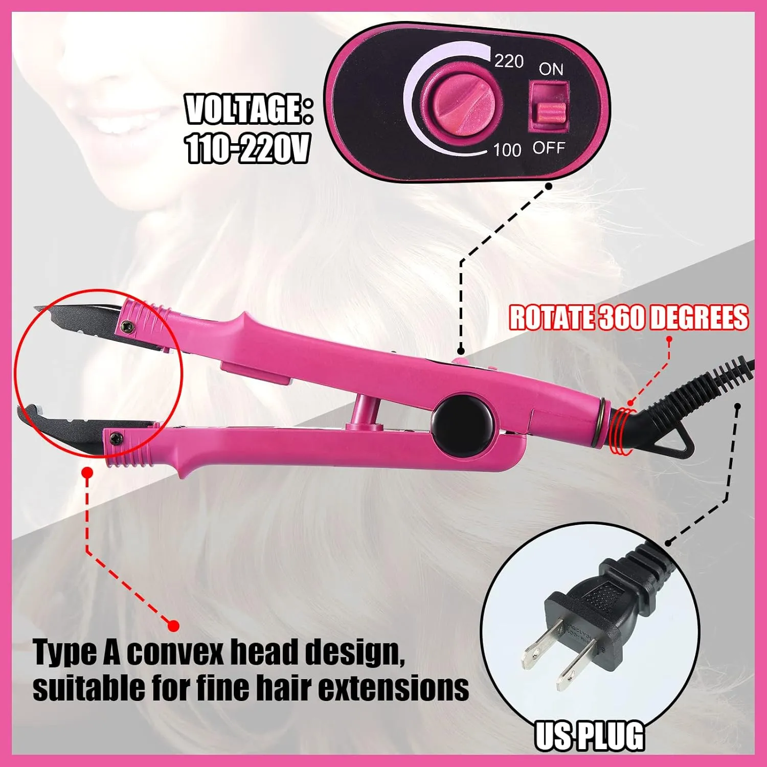 Hair Extensions Iron Fusion Keratin Heat Tool Heat Connector Wand with Fusion Glue Protector Template Hair Clip Finger Protector 2 Bag Keratin Glue Granule Bead(Pink)
