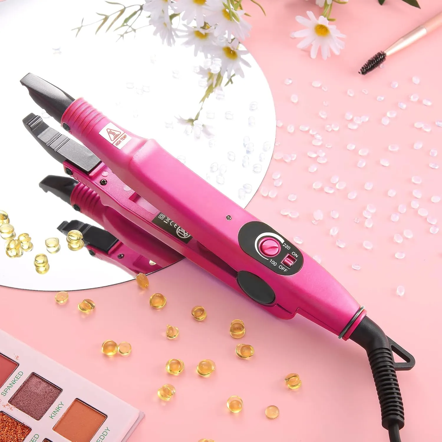 Hair Extensions Iron Fusion Keratin Heat Tool Heat Connector Wand with Fusion Glue Protector Template Hair Clip Finger Protector 2 Bag Keratin Glue Granule Bead(Pink)