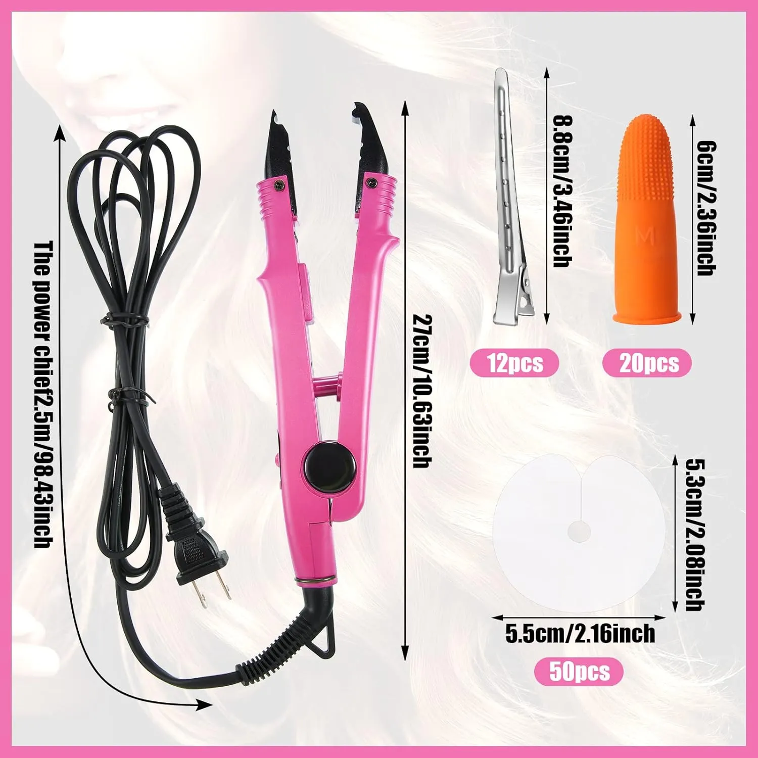 Hair Extensions Iron Fusion Keratin Heat Tool Heat Connector Wand with Fusion Glue Protector Template Hair Clip Finger Protector 2 Bag Keratin Glue Granule Bead(Pink)