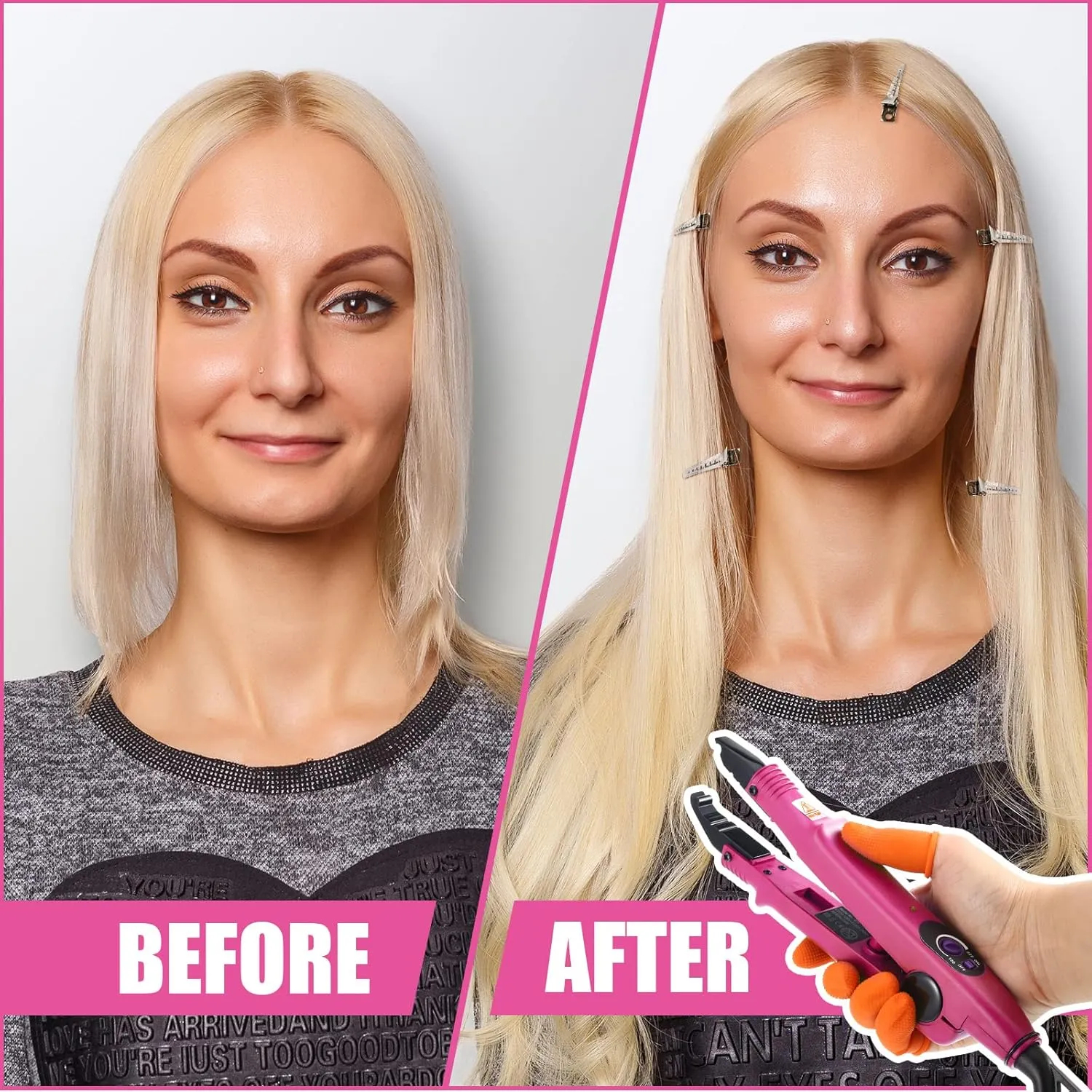 Hair Extensions Iron Fusion Keratin Heat Tool Heat Connector Wand with Fusion Glue Protector Template Hair Clip Finger Protector 2 Bag Keratin Glue Granule Bead(Pink)