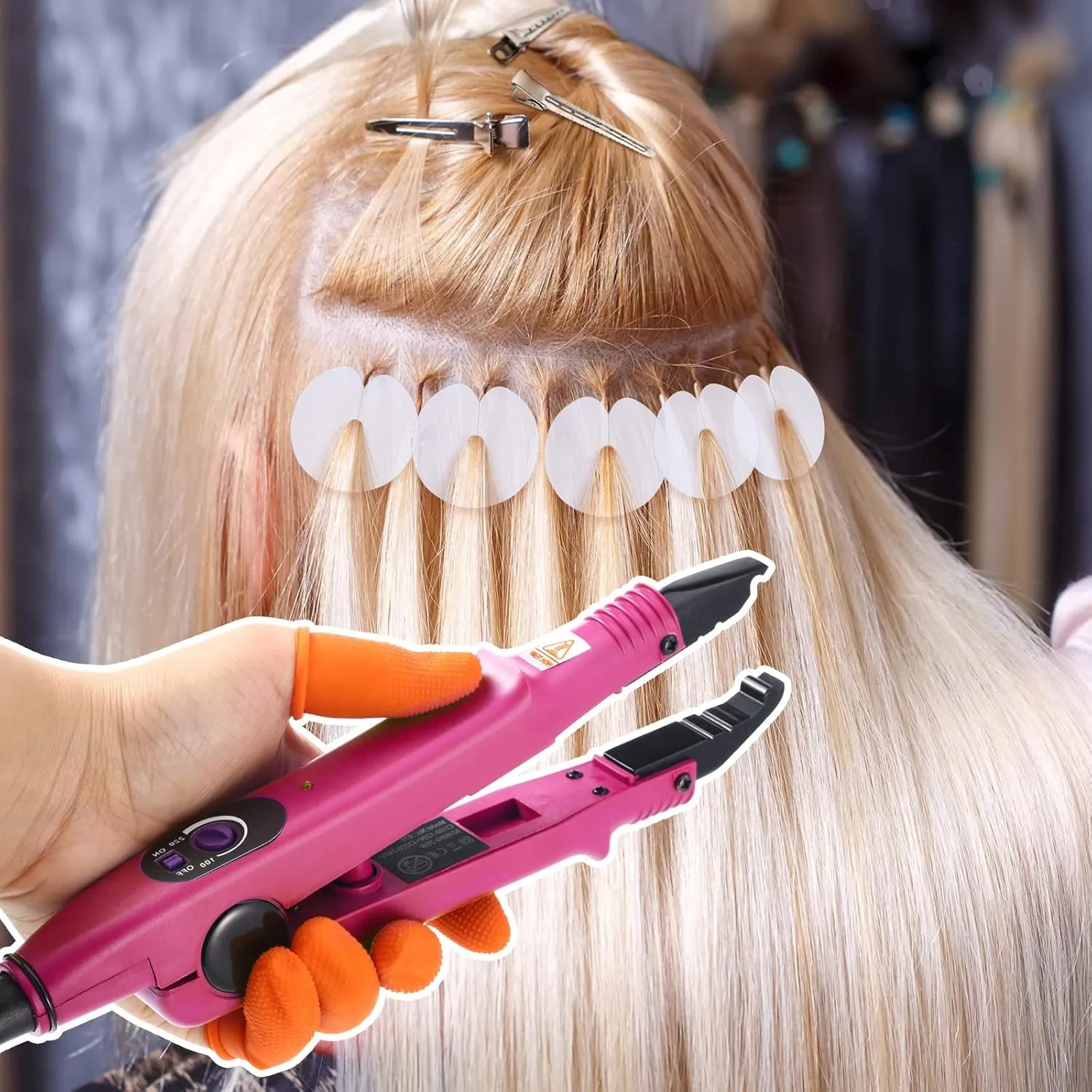 Hair Extensions Iron Fusion Keratin Heat Tool Heat Connector Wand with Fusion Glue Protector Template Hair Clip Finger Protector 2 Bag Keratin Glue Granule Bead(Pink)