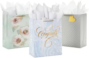 Hallmark 13" Large Gift Bags with Tissue Paper (3 Bags: Blue Marble Congrats, Polka Dots, Flowers) for Weddings, Anniversary, Bridal Showers