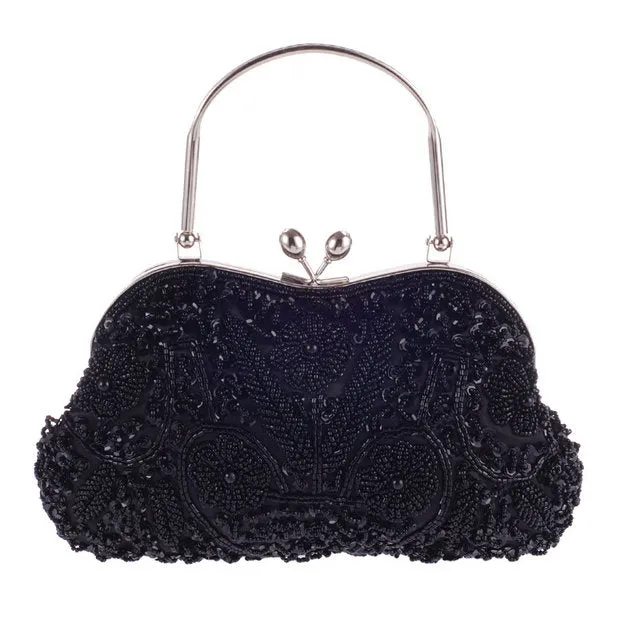 Hand Made Black Beaded Sequins Women Metal Frame Evening Clutches Purse Bridal Wedding Formal Dinner Chain Shoulder Handbag Bag