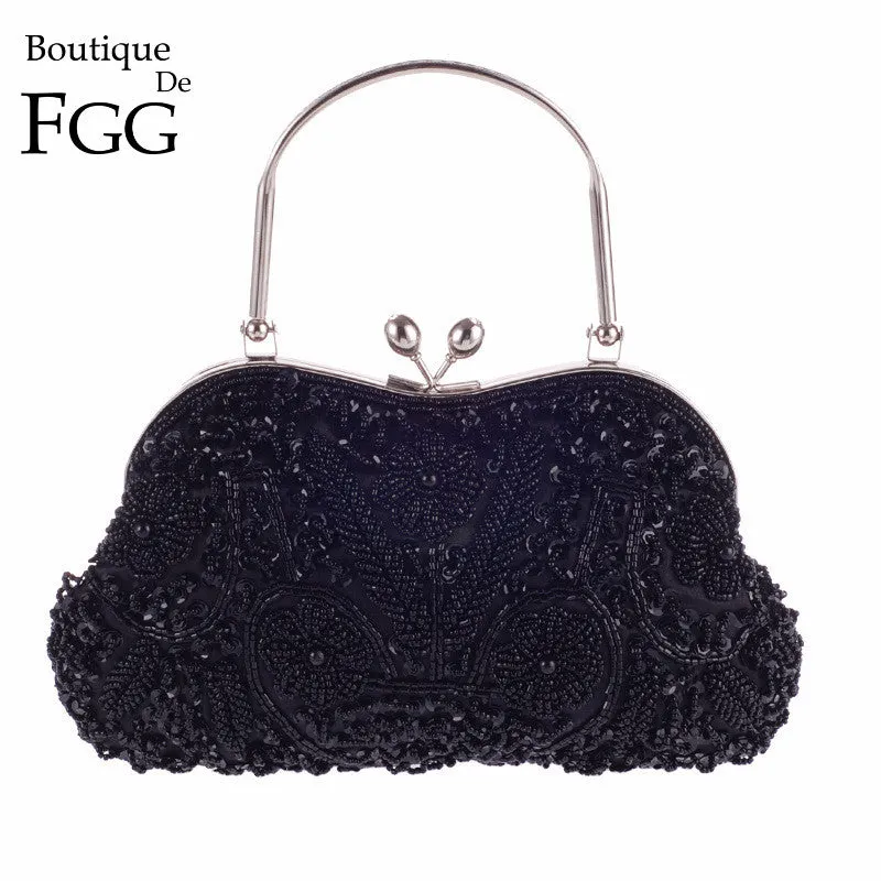 Hand Made Black Beaded Sequins Women Metal Frame Evening Clutches Purse Bridal Wedding Formal Dinner Chain Shoulder Handbag Bag