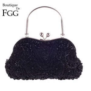 Hand Made Black Beaded Sequins Women Metal Frame Evening Clutches Purse Bridal Wedding Formal Dinner Chain Shoulder Handbag Bag