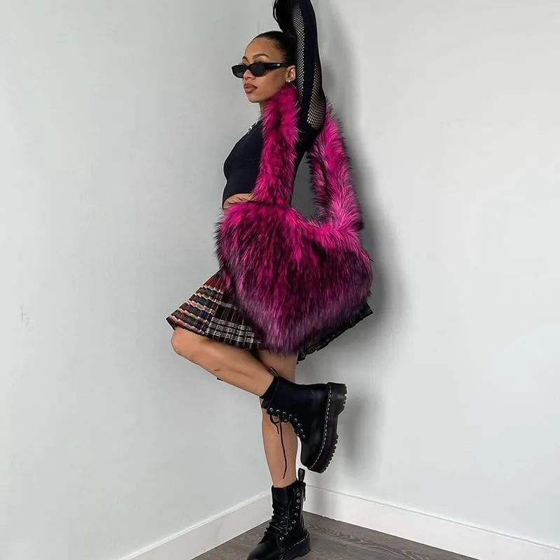 Heart Shaped Fur Purse For Women -Furry Shoulder Crossbody Bags-Luxury Trendy Y2k Girls Handbag