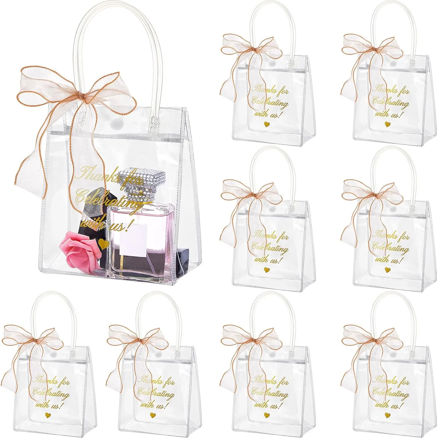 Henoyso 50 Pcs Clear Thank You Gift Bags with Handle and Ribbon Clear Plastic Reusable Party Favors Gift Wrap Candy Goodie Bags for Wedding Birthday Baby Shower Mother's Day(6 x 5.1 x 2.8 Inch)