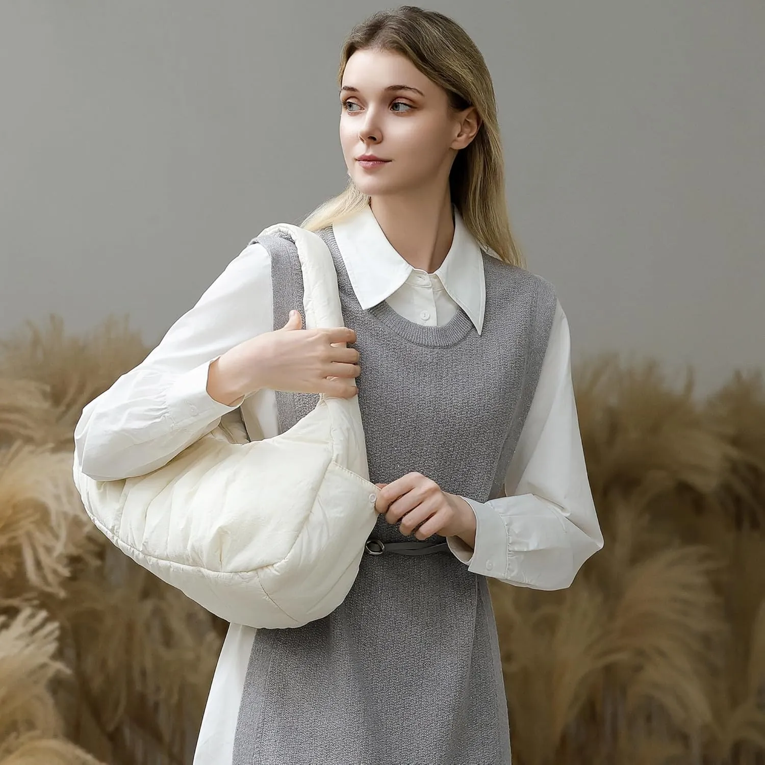 Herald Ruched Puffer Shoulder Bag for Women, Nylon Lightweight Puffy Cloud Crescent Carryall Hobo Handbag Soft Purse
