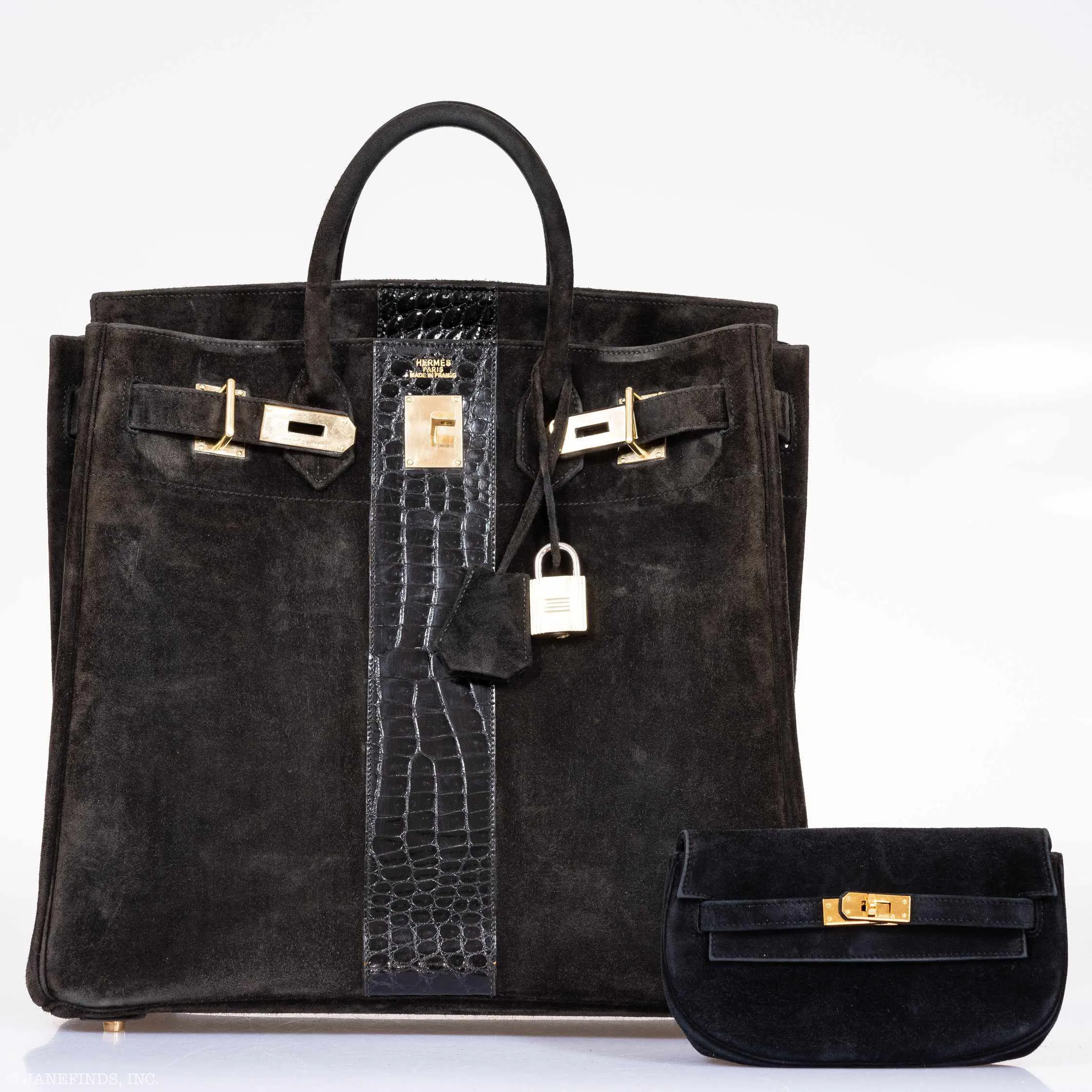 Hermès Birkin 40 HAC Black Doblis Suede and Crocodile Gold Hardware