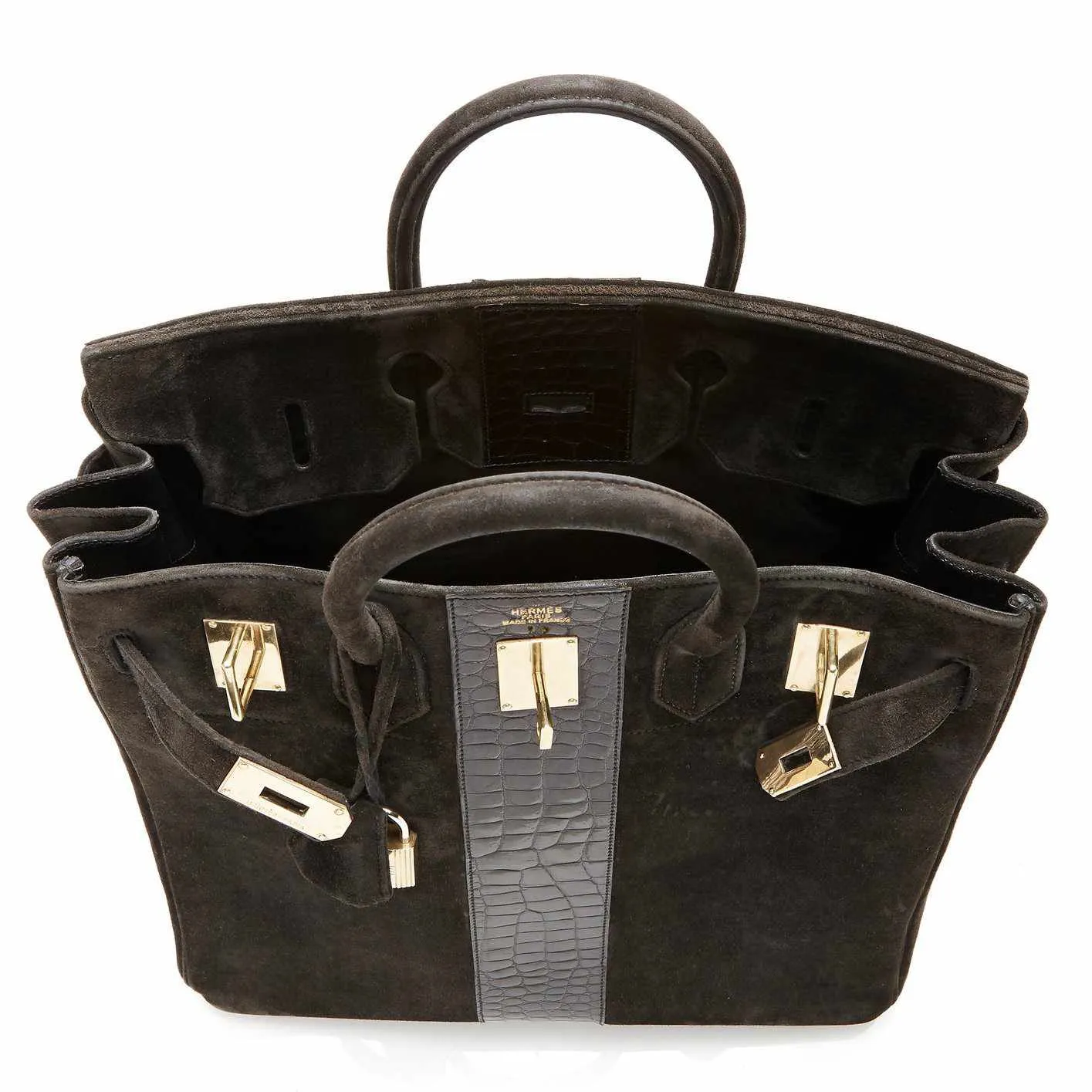 Hermès Birkin 40 HAC Black Doblis Suede and Crocodile Gold Hardware