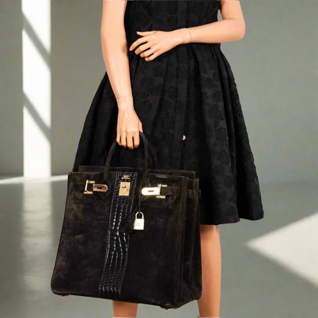 Hermès Birkin 40 HAC Black Doblis Suede and Crocodile Gold Hardware