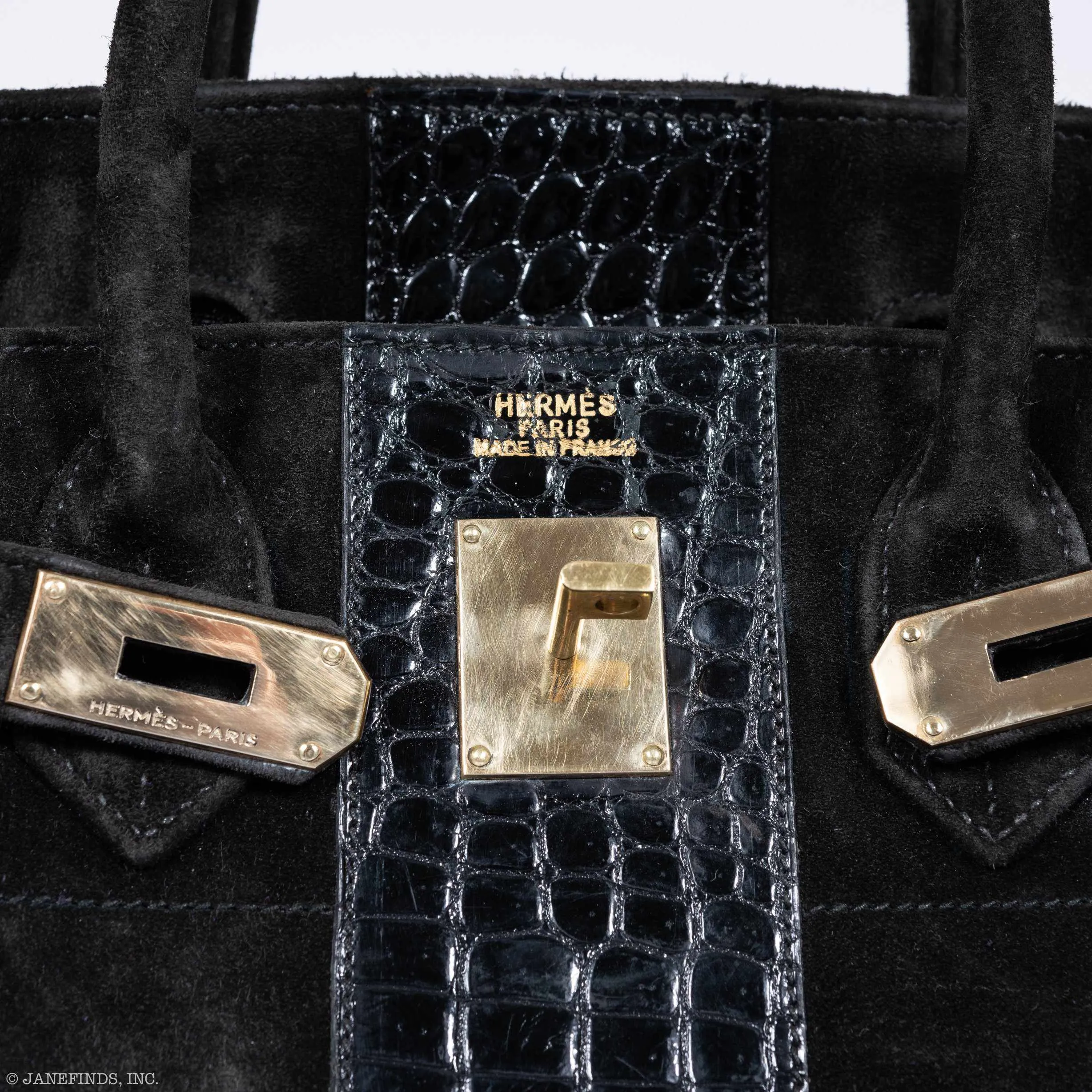 Hermès Birkin 40 HAC Black Doblis Suede and Crocodile Gold Hardware