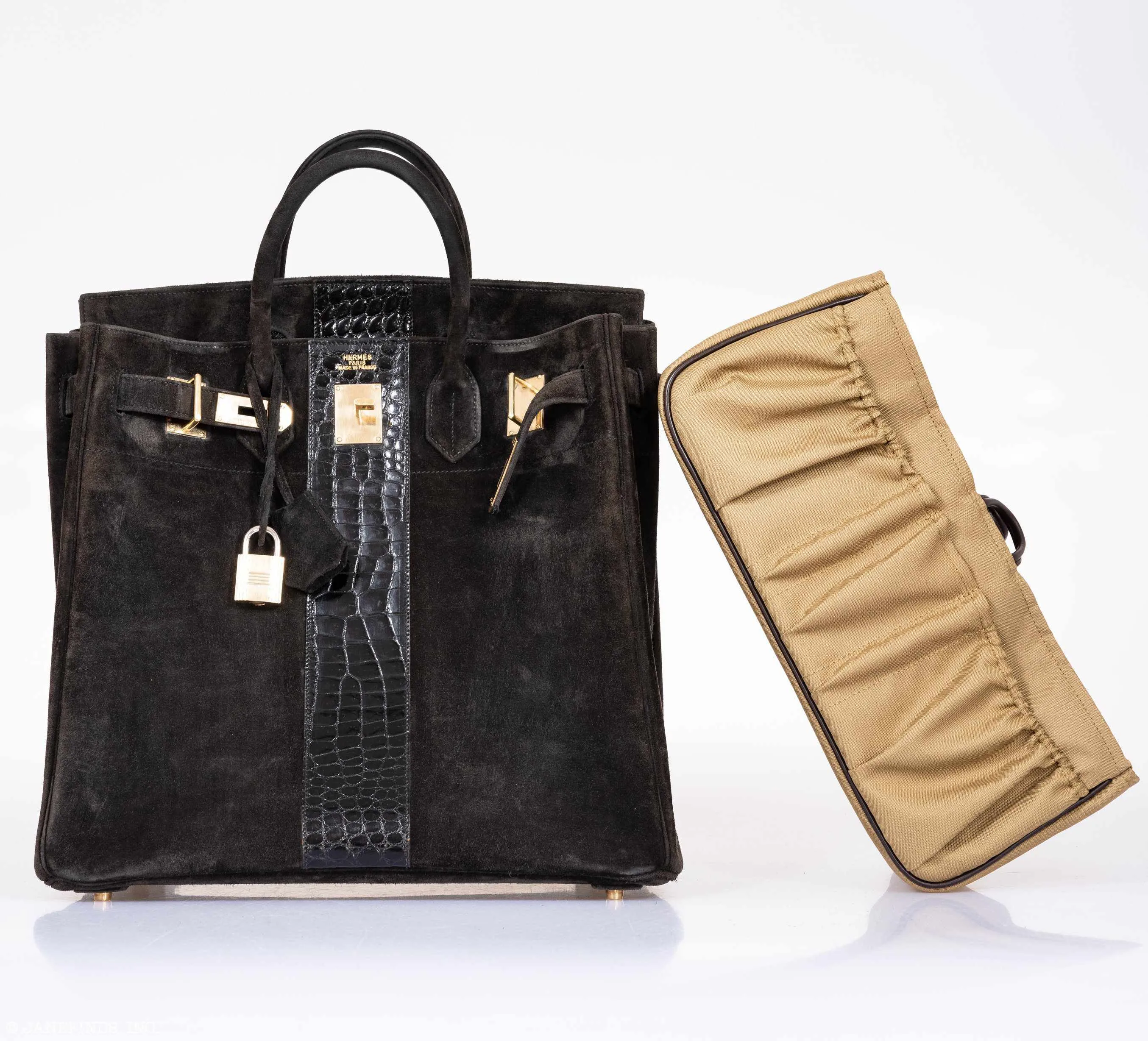 Hermès Birkin 40 HAC Black Doblis Suede and Crocodile Gold Hardware
