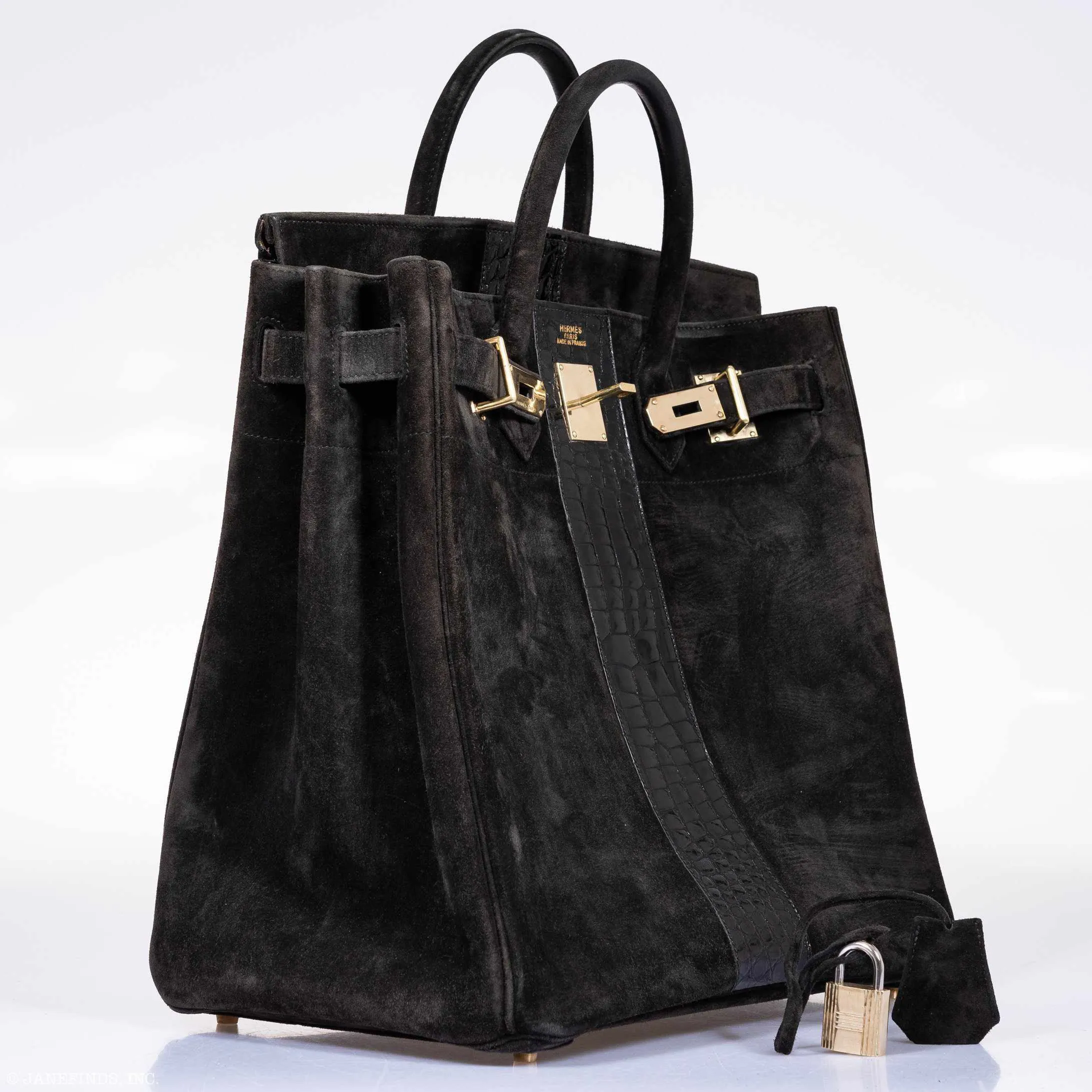 Hermès Birkin 40 HAC Black Doblis Suede and Crocodile Gold Hardware