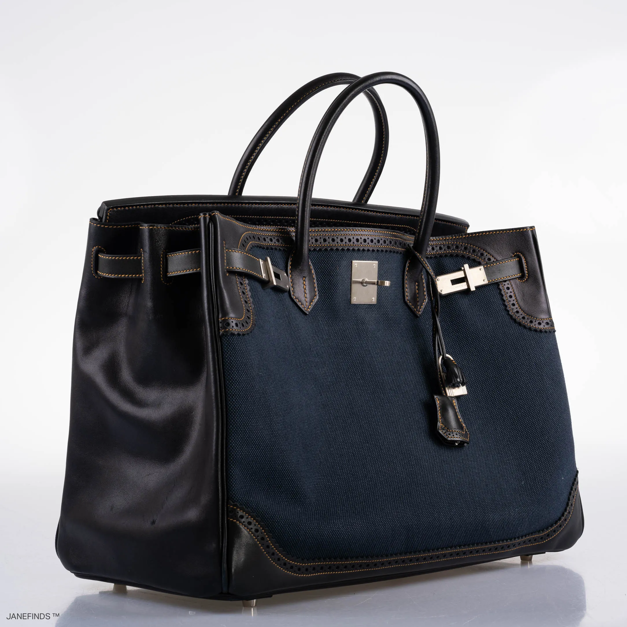 Hermès Ghillies Birkin 40 Indigo Denim and Black Tadelakt Brushed Palladium Hardware