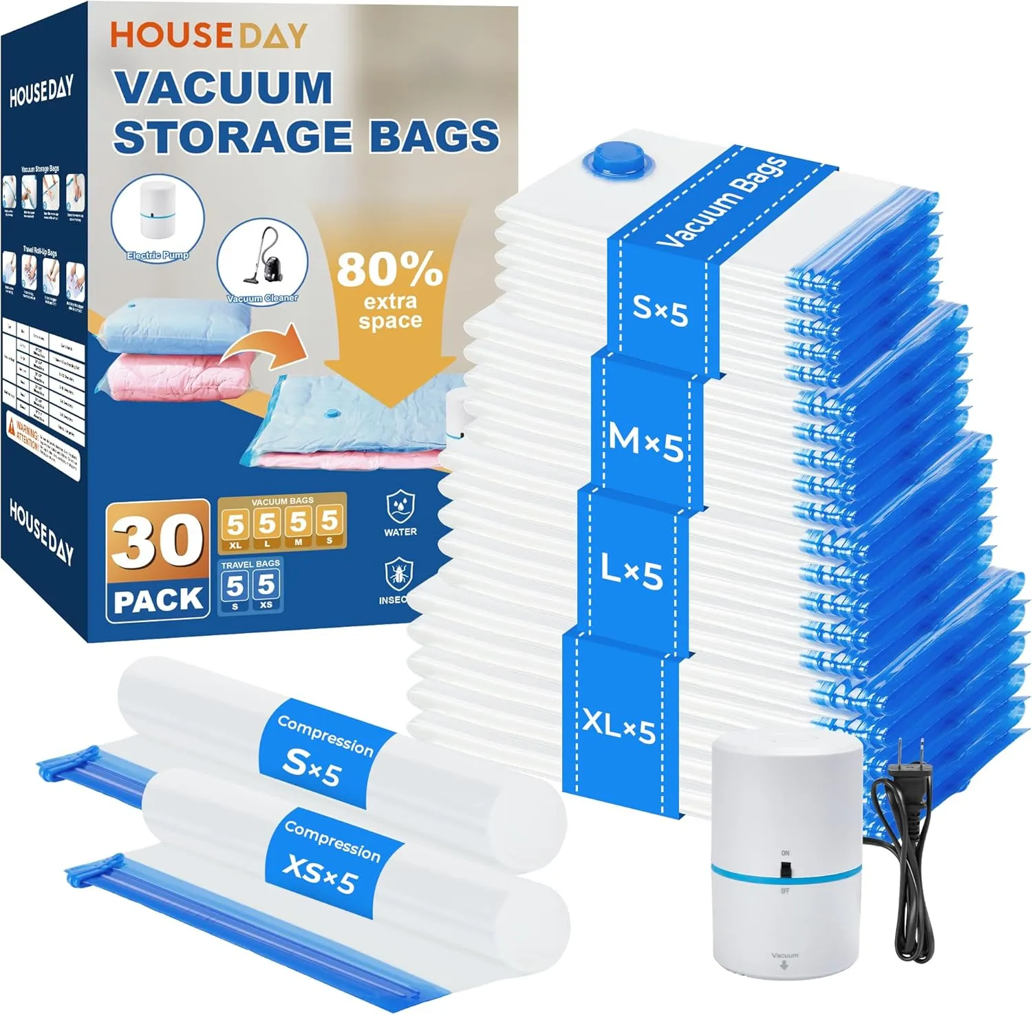 HOUSE DAY 30 Pack Vacuum Storage Bags with Electric Pump, 4 Sizes   2 Roll-Up (5 Each), Space Saver Vacuum Seal Bags for Clothing, Bedding, Pillows, Travel – Airtight Seal, Reusable & Durable