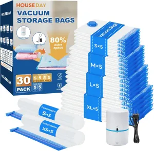 HOUSE DAY 30 Pack Vacuum Storage Bags with Electric Pump, 4 Sizes   2 Roll-Up (5 Each), Space Saver Vacuum Seal Bags for Clothing, Bedding, Pillows, Travel – Airtight Seal, Reusable & Durable