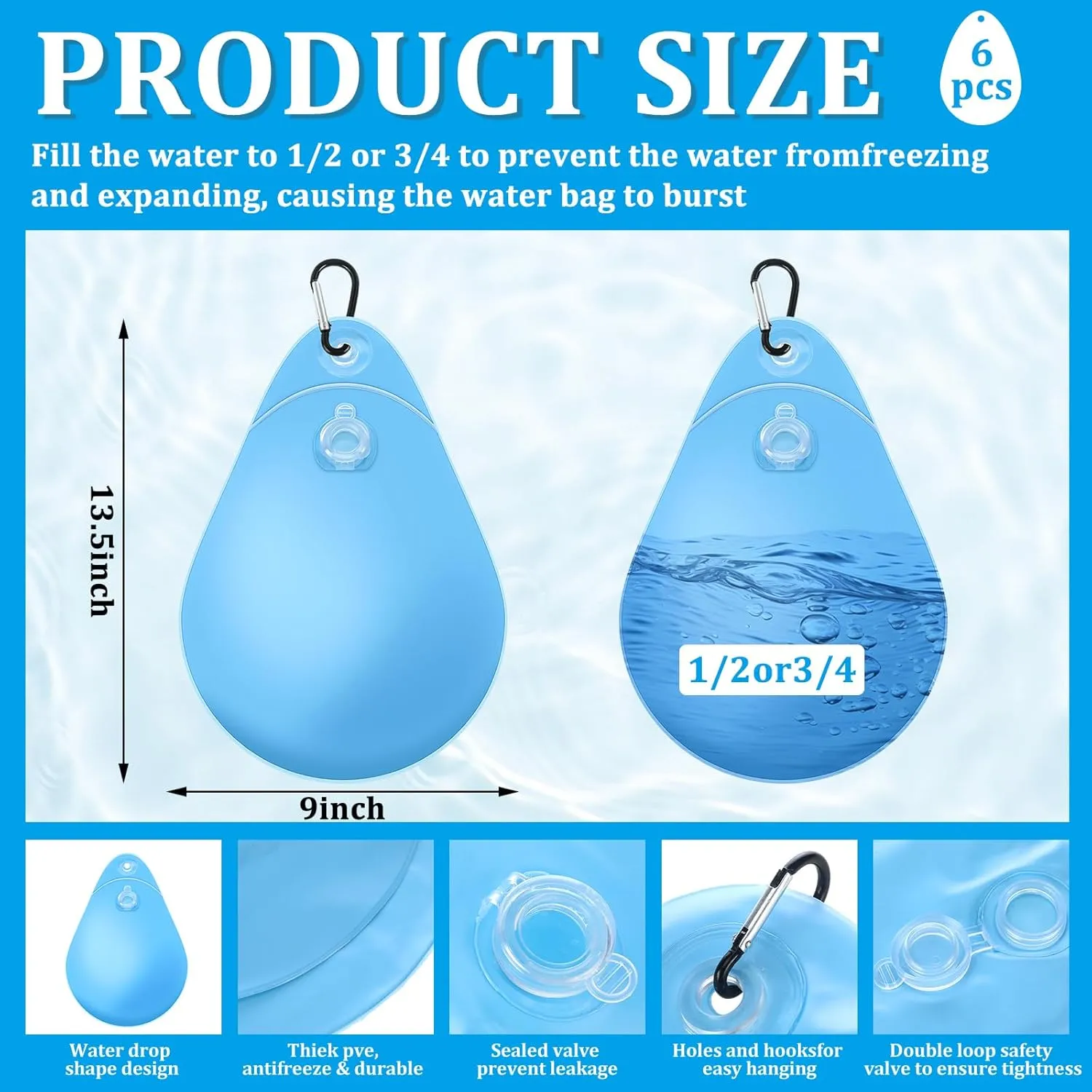 Hungdao 6 Pack Pool Cover Weights with Hooks PVC Leakproof Pool Cover Hanging Bags Winter Swimming Pool Water Bags for Above Ground Pool Cover, 13.5 x 9 Inches