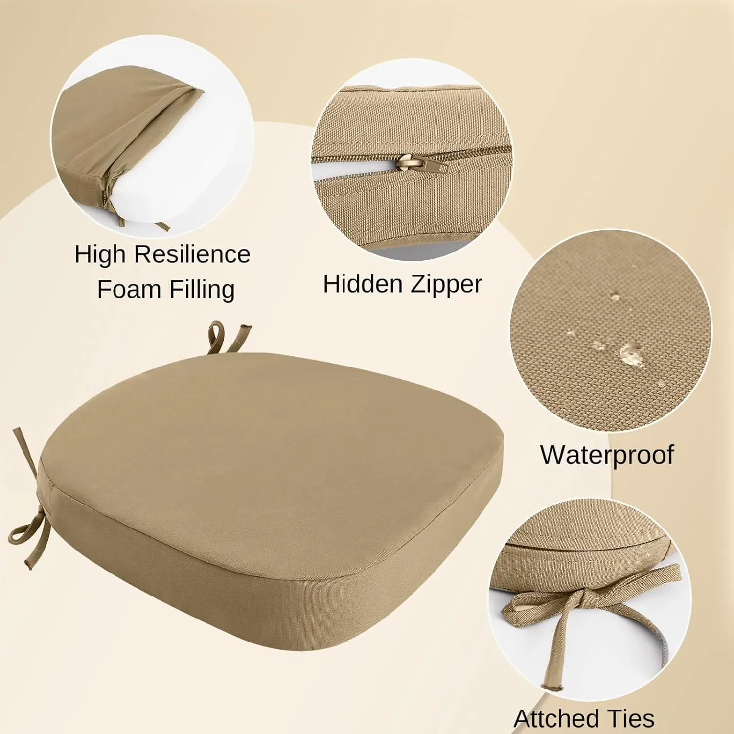 idee-home Outdoor Chair Cushions Set of 2, 17" x 17" x 3" Thick Patio Furniture Outdoor Seat Cushions Waterproof with Ties, Dining Pads