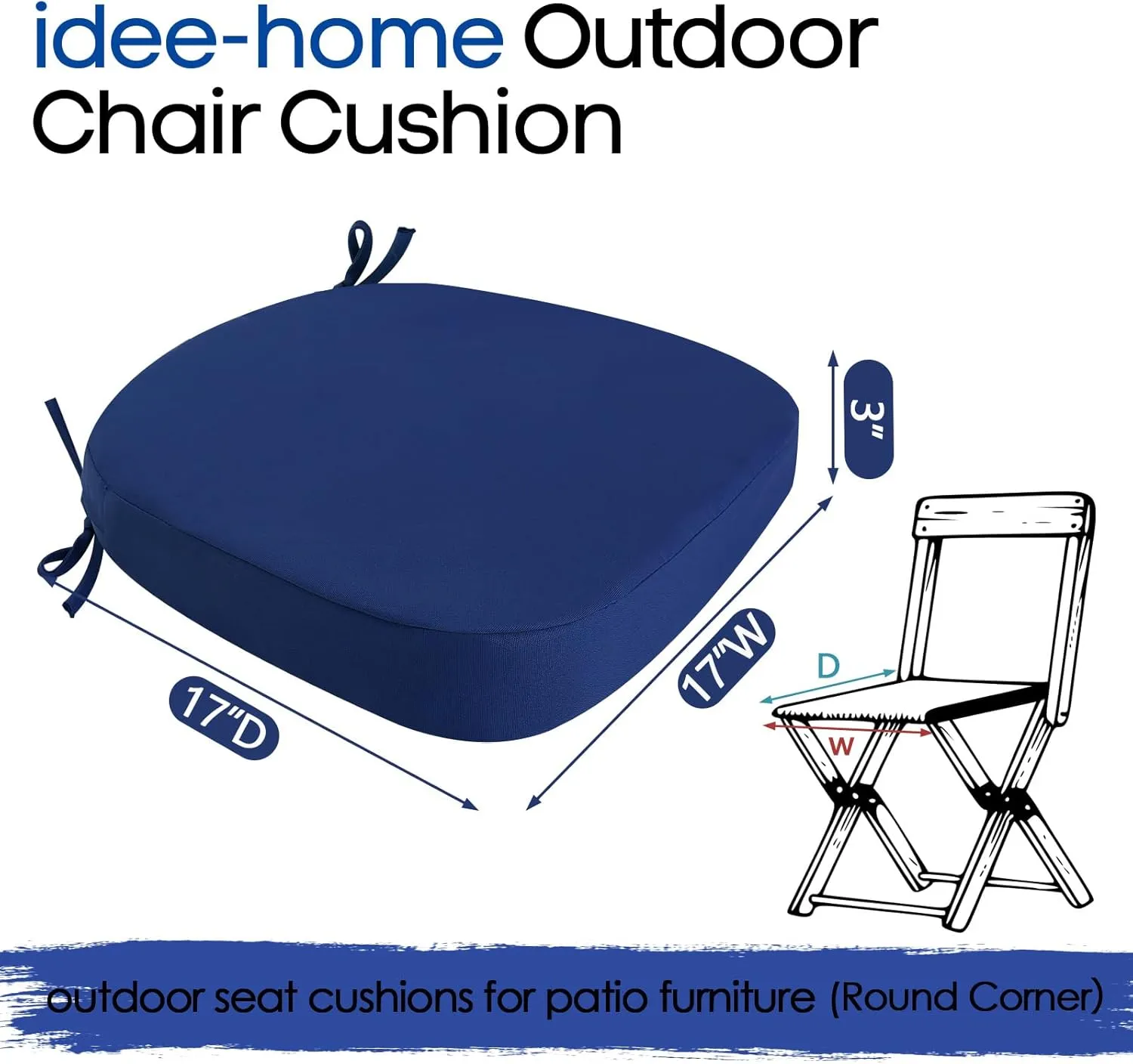 idee-home Outdoor Chair Cushions Set of 2, 17" x 17" x 3" Thick Patio Furniture Outdoor Seat Cushions Waterproof with Ties, Dining Pads