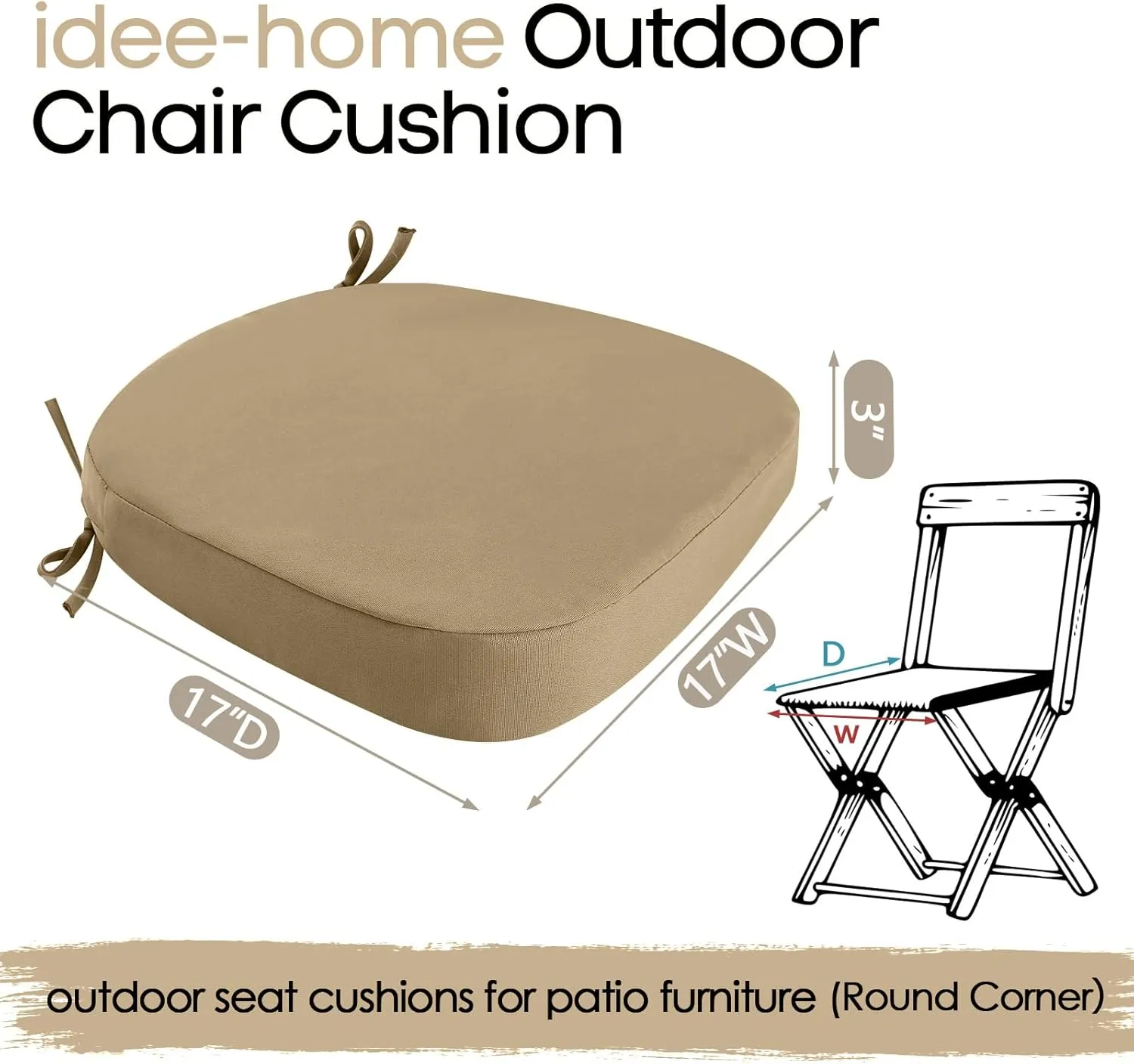 idee-home Outdoor Chair Cushions Set of 2, 17" x 17" x 3" Thick Patio Furniture Outdoor Seat Cushions Waterproof with Ties, Dining Pads