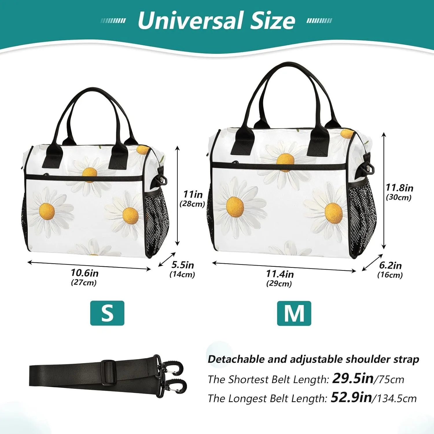 Insulated Lunch Bag Women - Delicate Daisy Array Lunch Box for Men, Leak Resistant, Adjustable Shoulder Strap, Durability Nylon, for Work, Travel, Outdoor Activities