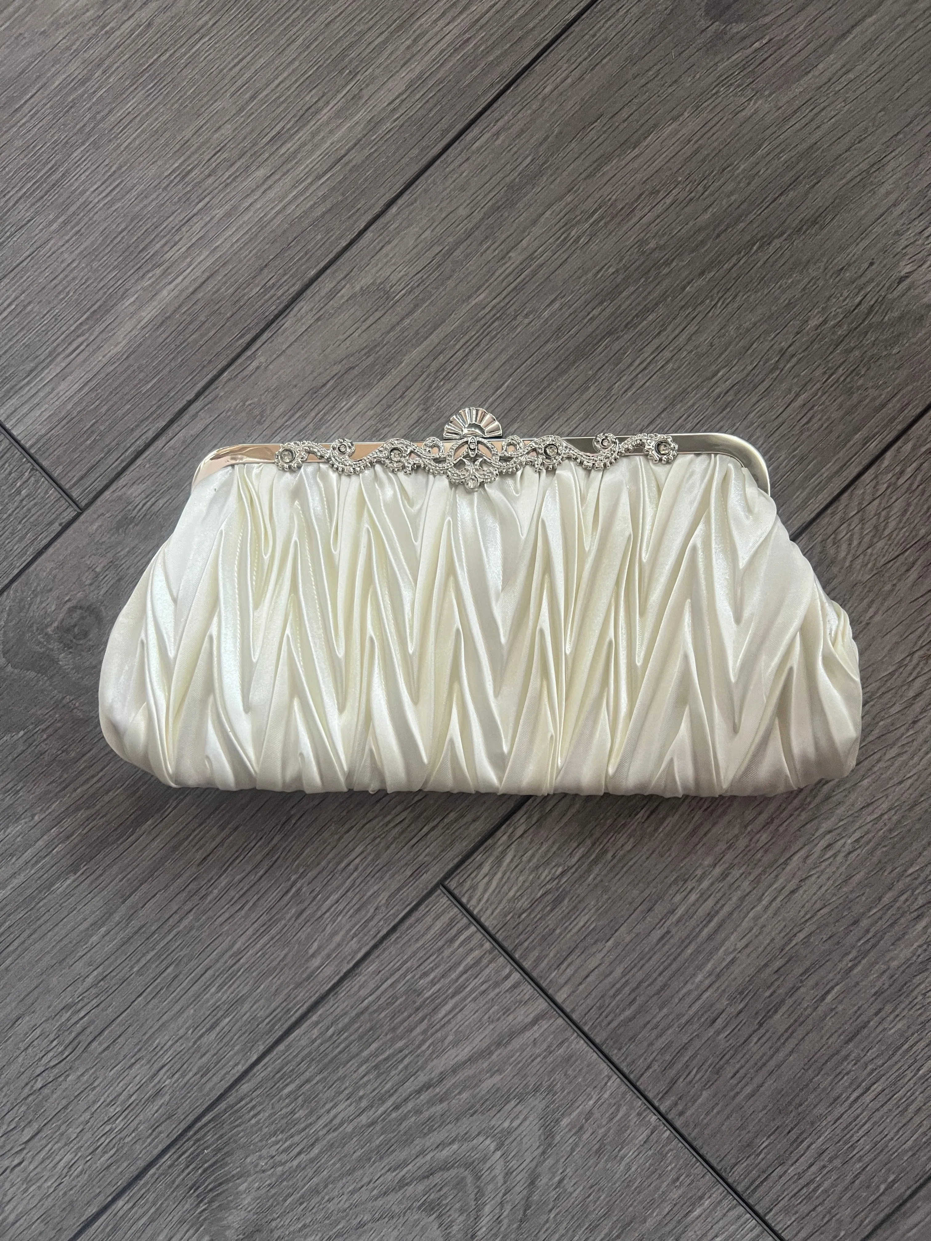 Ivory Satin Art Deco Detail Clutch Bag