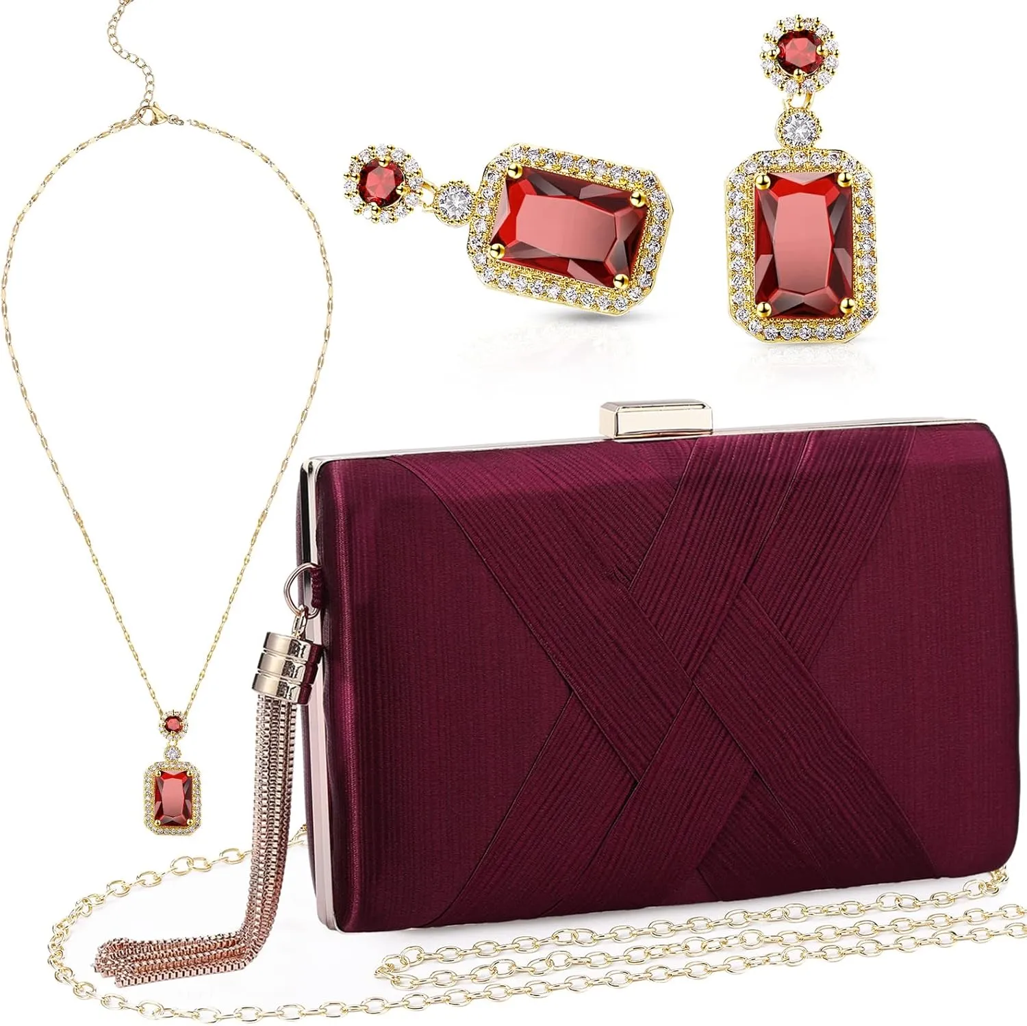 Jadive 3 Pcs Clutch Purses for Women Handbag Evening Purses Bag for Wedding Vintage Banquet Handbag Earrings Necklace Set