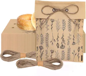 JarThenaAMCS 100Pcs Vintage Wildflower Gift Bags Black Floral Kraft Paper Candy Goodie Soap Packaging Bags with Hemp Rope for Spring Summer Mother's Day Wedding Birthday Baby Shower Party Celebration