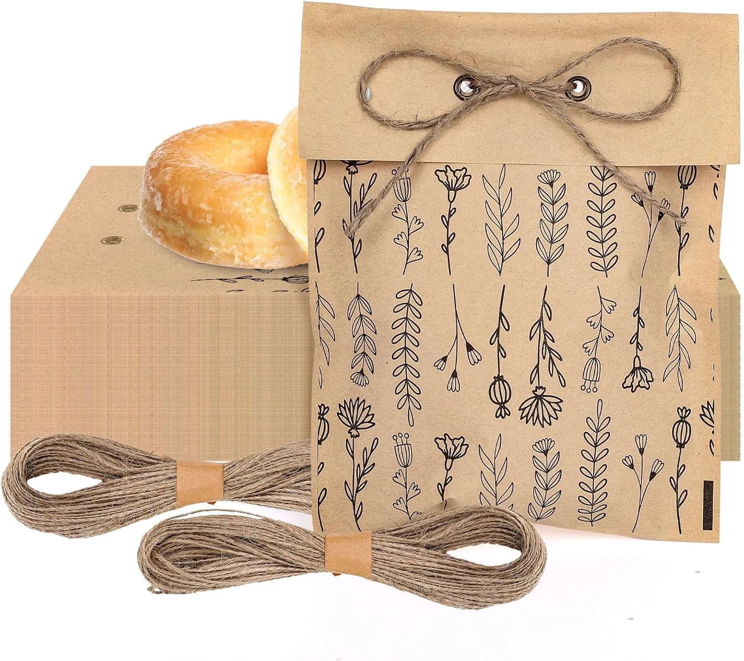 JarThenaAMCS 100Pcs Vintage Wildflower Gift Bags Black Floral Kraft Paper Candy Goodie Soap Packaging Bags with Hemp Rope for Spring Summer Mother's Day Wedding Birthday Baby Shower Party Celebration