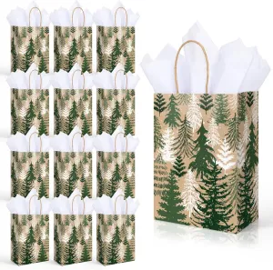 JarThenaAMCS 24 Pcs Christmas Kraft Paper Gift Bags With Tissue Paper - Xmas Pine Tree Party Favor With Handle - Winter Goodie Candy Treat Medium Size Bulk for Wedding Birthday Holiday