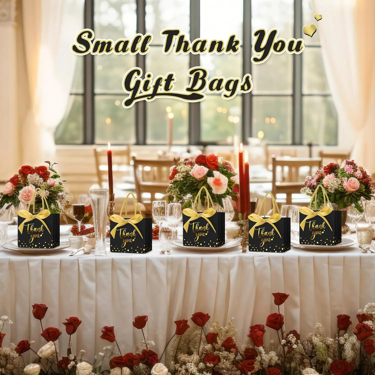 Jetec 45 Pcs Mini Paper Gift Bag Bulk 5.5 x 4.7 x 2.5'' Small Thank You Favor Bag with Handle Bow Ribbon for Valentine‘s Day Wedding Baby Bridal Shower Birthday Party(Black/gold)