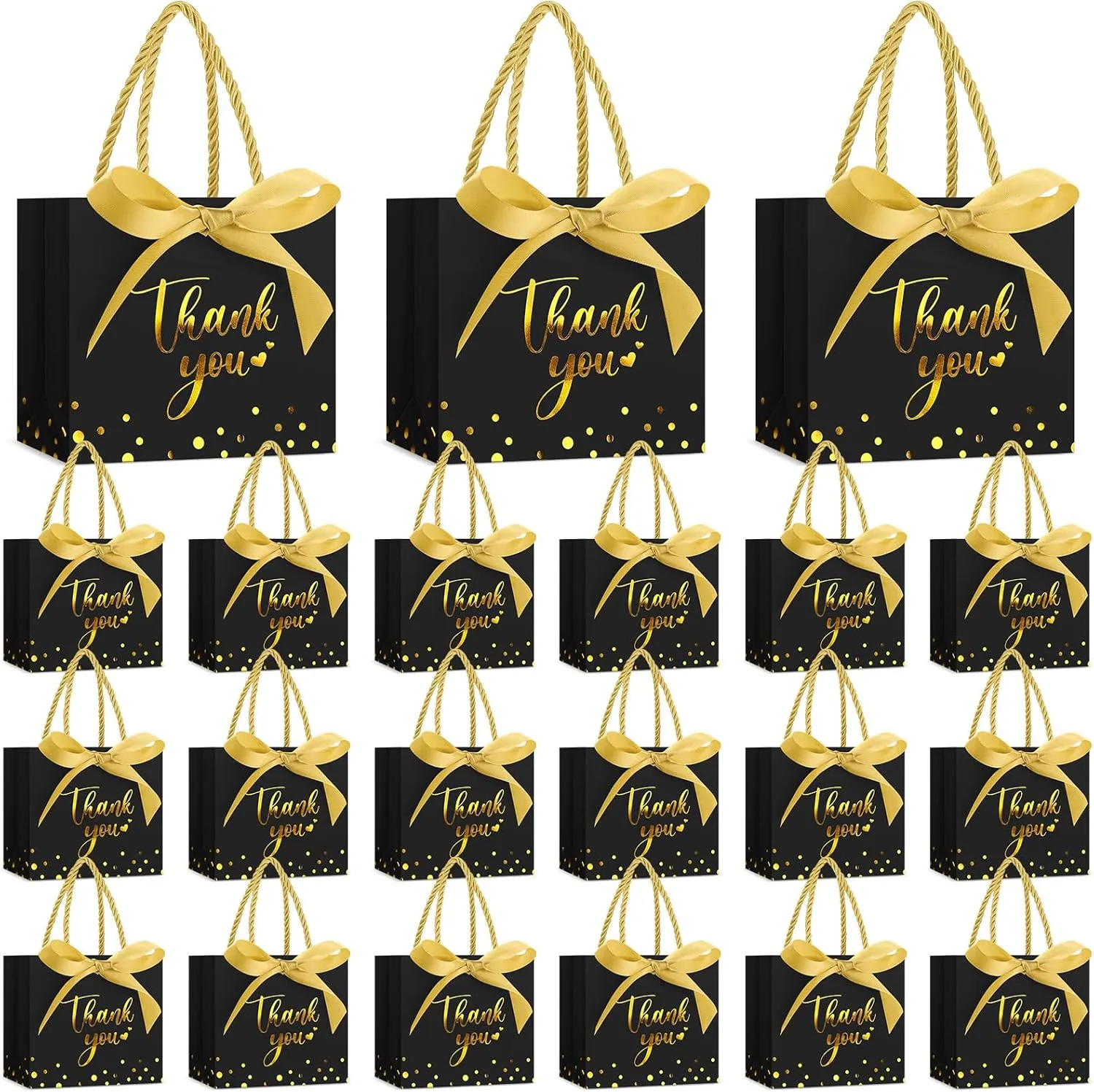 Jetec 45 Pcs Mini Paper Gift Bag Bulk 5.5 x 4.7 x 2.5'' Small Thank You Favor Bag with Handle Bow Ribbon for Valentine‘s Day Wedding Baby Bridal Shower Birthday Party(Black/gold)