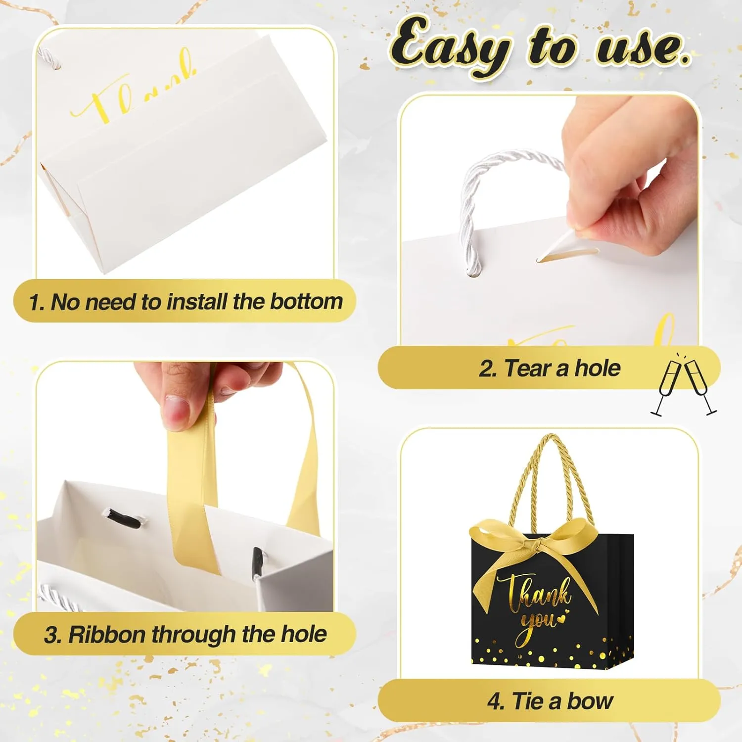 Jetec 45 Pcs Mini Paper Gift Bag Bulk 5.5 x 4.7 x 2.5'' Small Thank You Favor Bag with Handle Bow Ribbon for Valentine‘s Day Wedding Baby Bridal Shower Birthday Party(Black/gold)