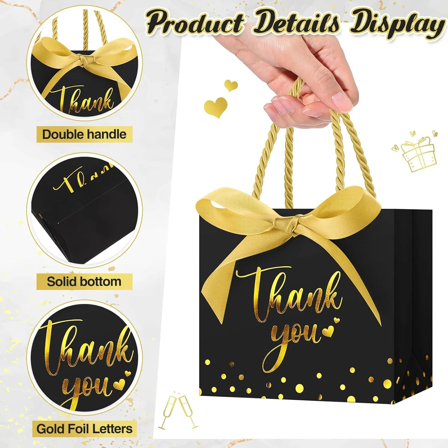 Jetec 45 Pcs Mini Paper Gift Bag Bulk 5.5 x 4.7 x 2.5'' Small Thank You Favor Bag with Handle Bow Ribbon for Valentine‘s Day Wedding Baby Bridal Shower Birthday Party(Black/gold)