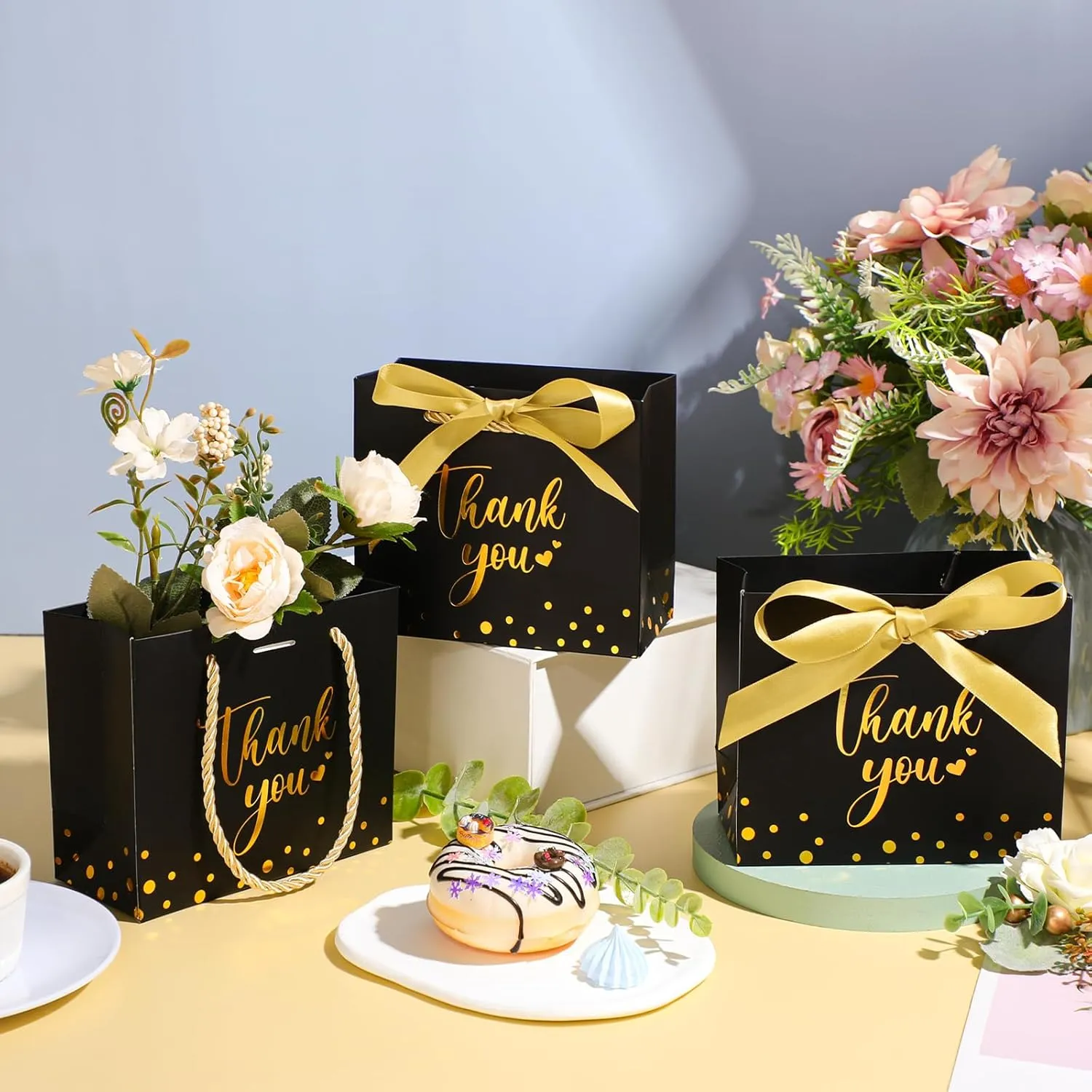 Jetec 45 Pcs Mini Paper Gift Bag Bulk 5.5 x 4.7 x 2.5'' Small Thank You Favor Bag with Handle Bow Ribbon for Valentine‘s Day Wedding Baby Bridal Shower Birthday Party(Black/gold)