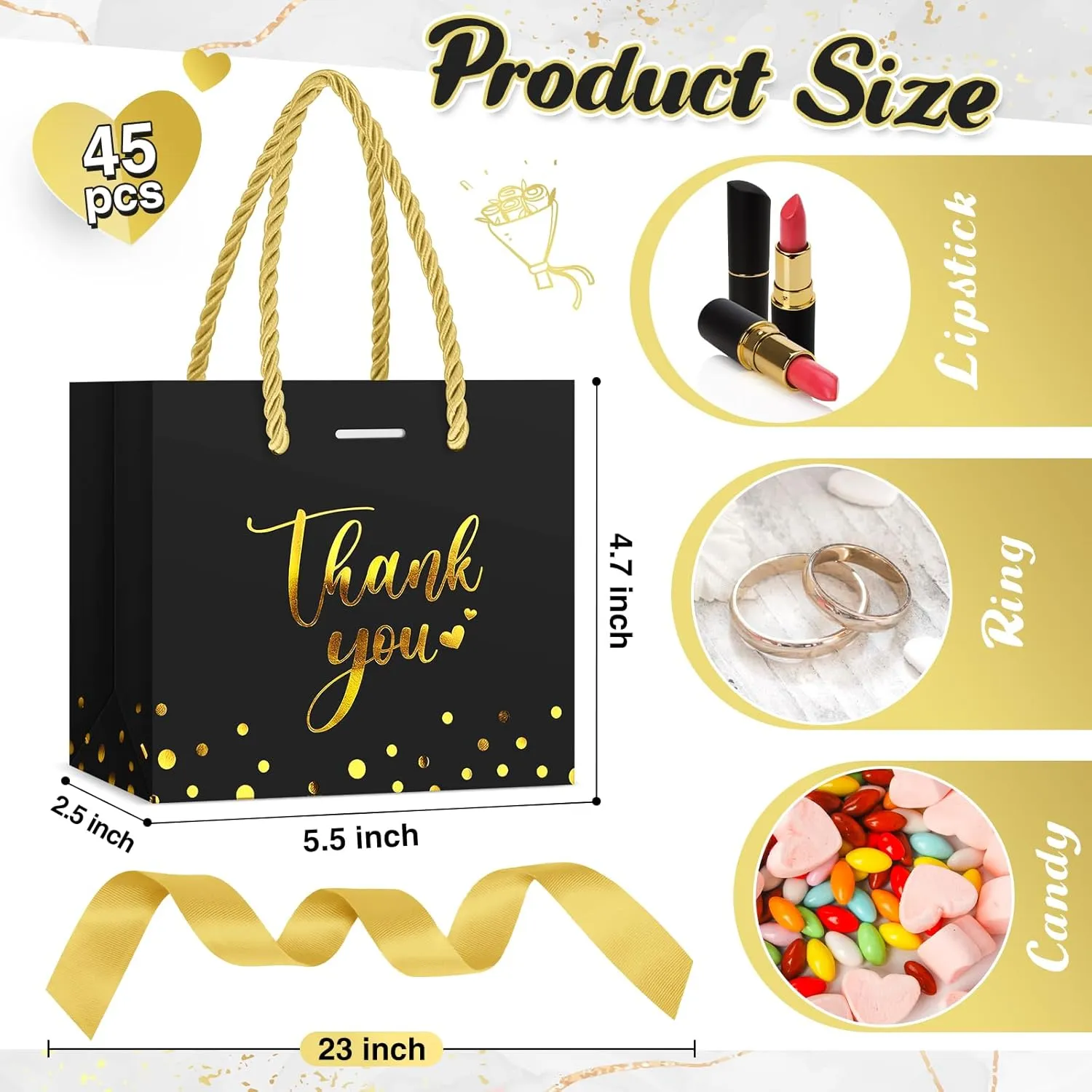 Jetec 45 Pcs Mini Paper Gift Bag Bulk 5.5 x 4.7 x 2.5'' Small Thank You Favor Bag with Handle Bow Ribbon for Valentine‘s Day Wedding Baby Bridal Shower Birthday Party(Black/gold)