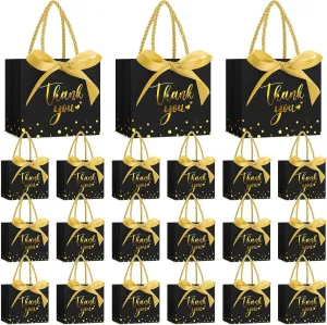 Jetec 45 Pcs Mini Paper Gift Bag Bulk 5.5 x 4.7 x 2.5'' Small Thank You Favor Bag with Handle Bow Ribbon for Valentine‘s Day Wedding Baby Bridal Shower Birthday Party(Black/gold)