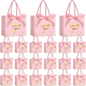 Jetec 45 Pcs Mini Paper Gift Bag Bulk 5.5 x 4.7 x 2.5'' Small Thank You Favor Bag with Handle Bow Ribbon for Valentine‘s Day Wedding Baby Bridal Shower Birthday Party(Pink/gold)
