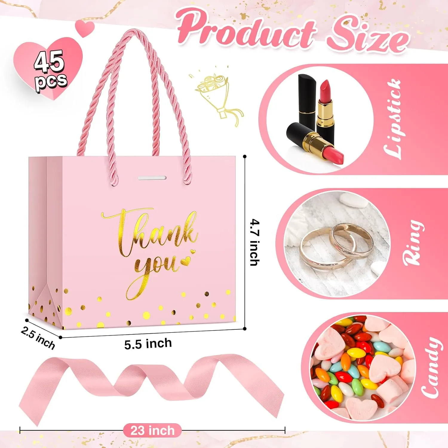 Jetec 45 Pcs Mini Paper Gift Bag Bulk 5.5 x 4.7 x 2.5'' Small Thank You Favor Bag with Handle Bow Ribbon for Valentine‘s Day Wedding Baby Bridal Shower Birthday Party(Pink/gold)