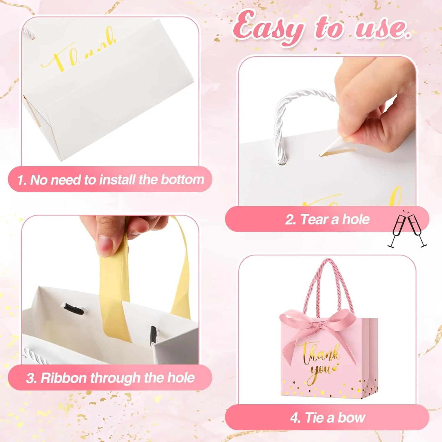 Jetec 45 Pcs Mini Paper Gift Bag Bulk 5.5 x 4.7 x 2.5'' Small Thank You Favor Bag with Handle Bow Ribbon for Valentine‘s Day Wedding Baby Bridal Shower Birthday Party(Pink/gold)