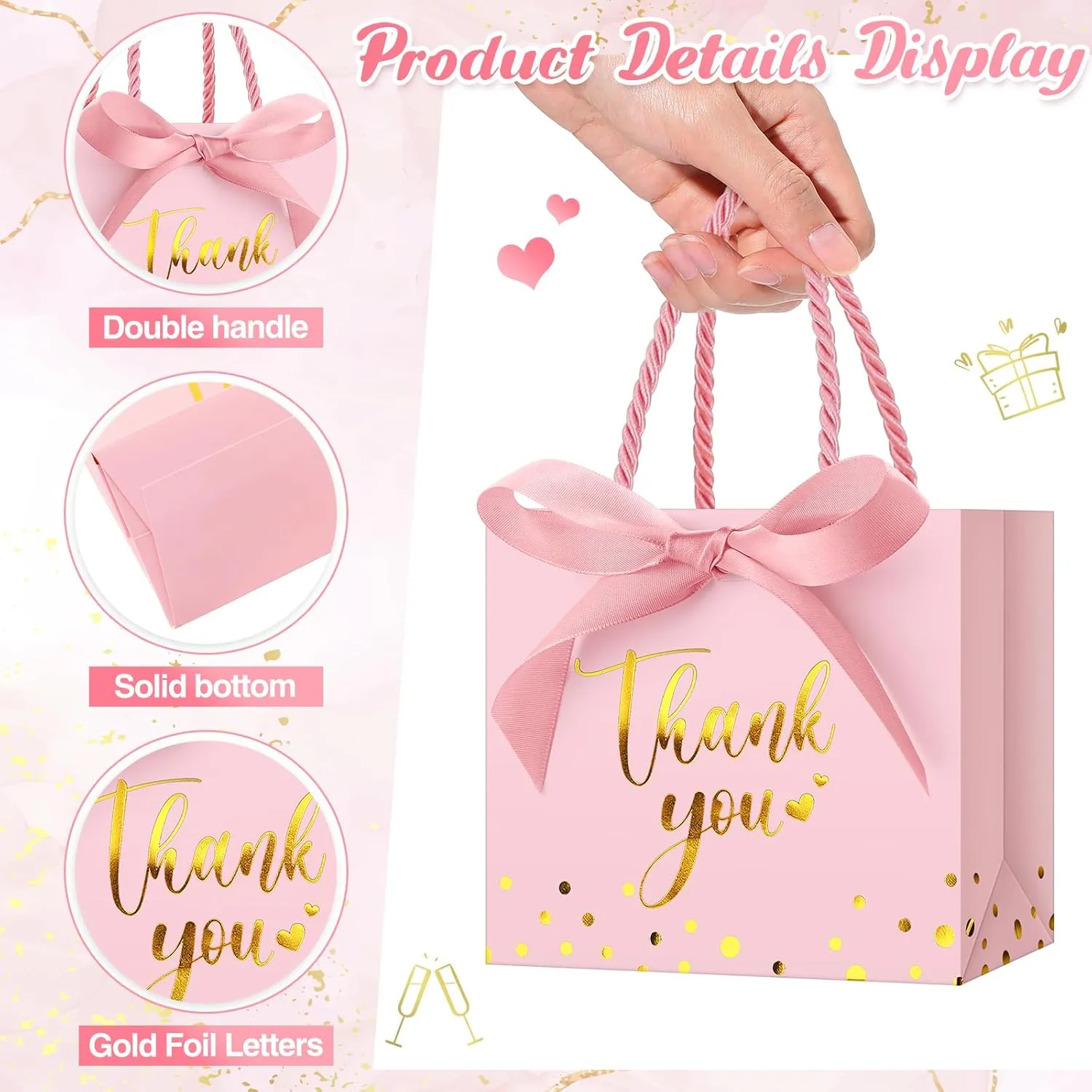 Jetec 45 Pcs Mini Paper Gift Bag Bulk 5.5 x 4.7 x 2.5'' Small Thank You Favor Bag with Handle Bow Ribbon for Valentine‘s Day Wedding Baby Bridal Shower Birthday Party(Pink/gold)