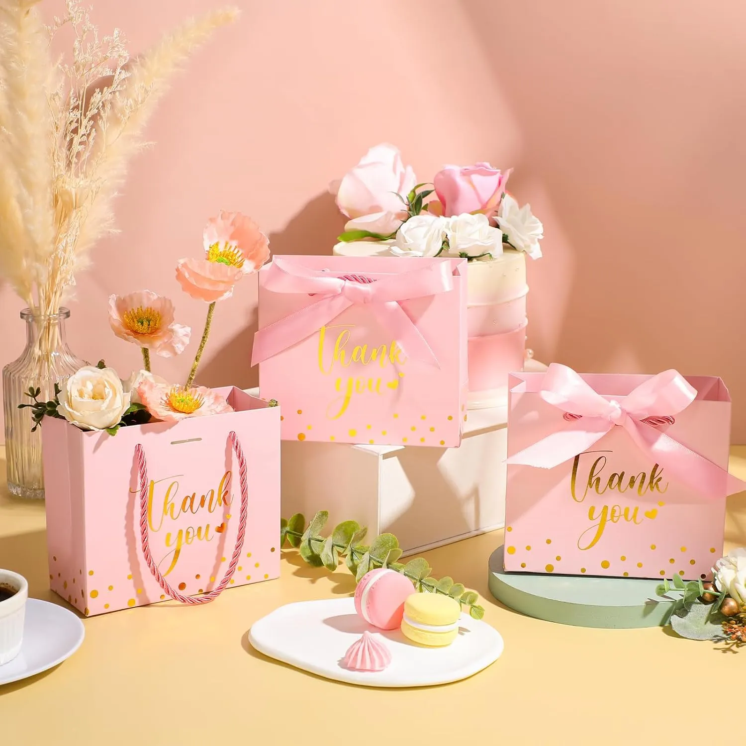 Jetec 45 Pcs Mini Paper Gift Bag Bulk 5.5 x 4.7 x 2.5'' Small Thank You Favor Bag with Handle Bow Ribbon for Valentine‘s Day Wedding Baby Bridal Shower Birthday Party(Pink/gold)