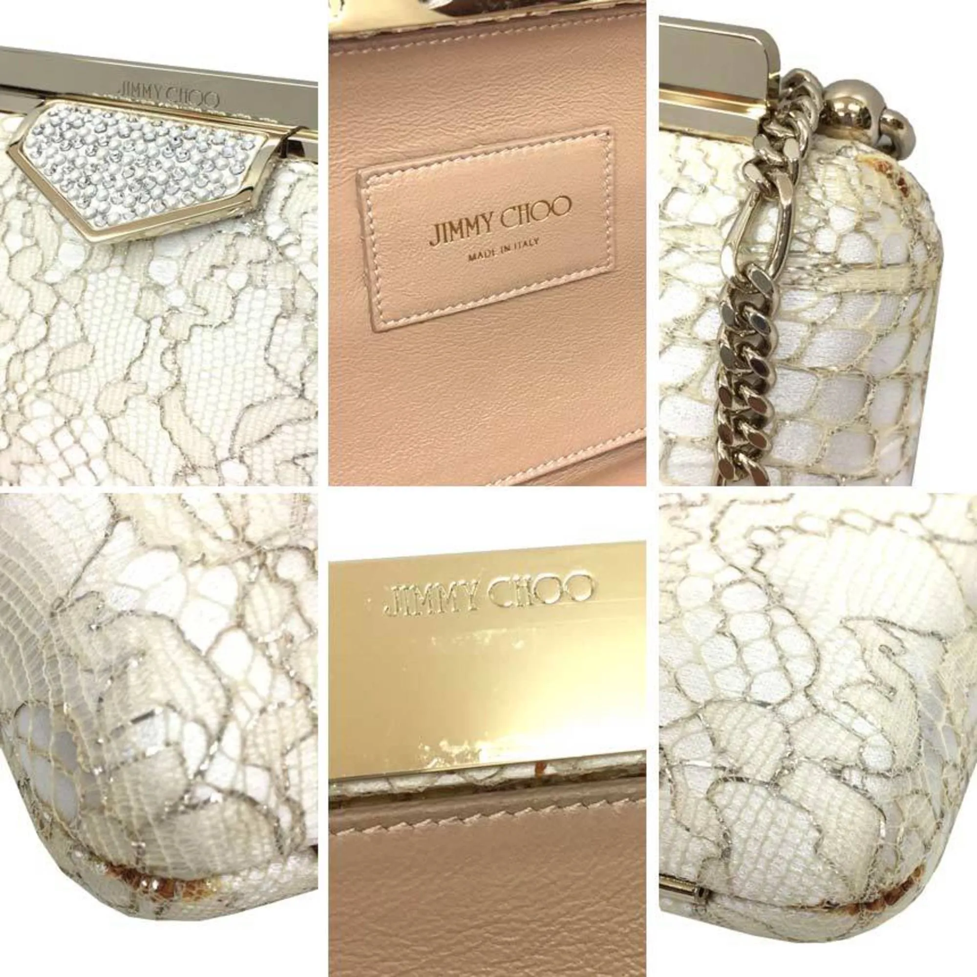 JIMMY CHOO Jimmy Choo Handbag Clutch Bag ELLIPSE KLZ 120011 CHAMPAGNE SPARKLY LACE J000098452001 Lace White Pearl x Champagne Women's aq4994