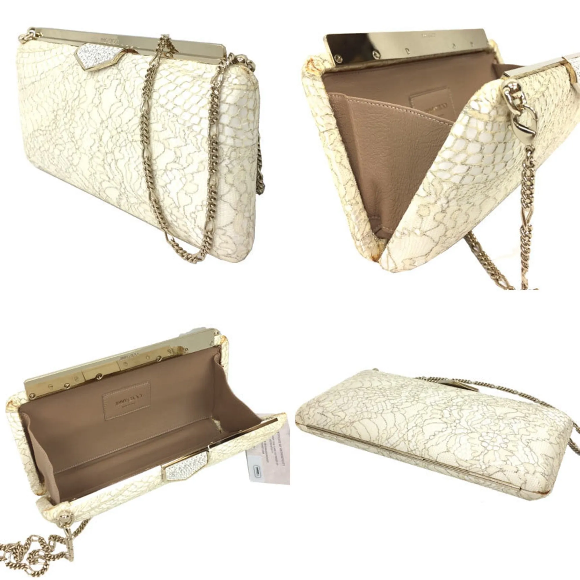 JIMMY CHOO Jimmy Choo Handbag Clutch Bag ELLIPSE KLZ 120011 CHAMPAGNE SPARKLY LACE J000098452001 Lace White Pearl x Champagne Women's aq4994