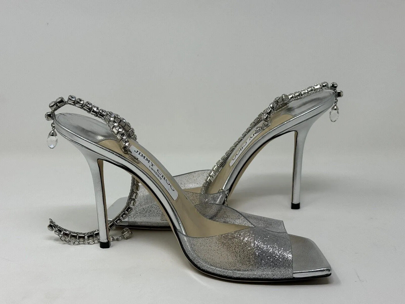 JIMMY CHOO Womens Silver Glitter Saeda 100 Square Toe Stiletto Heeled Sandal 39